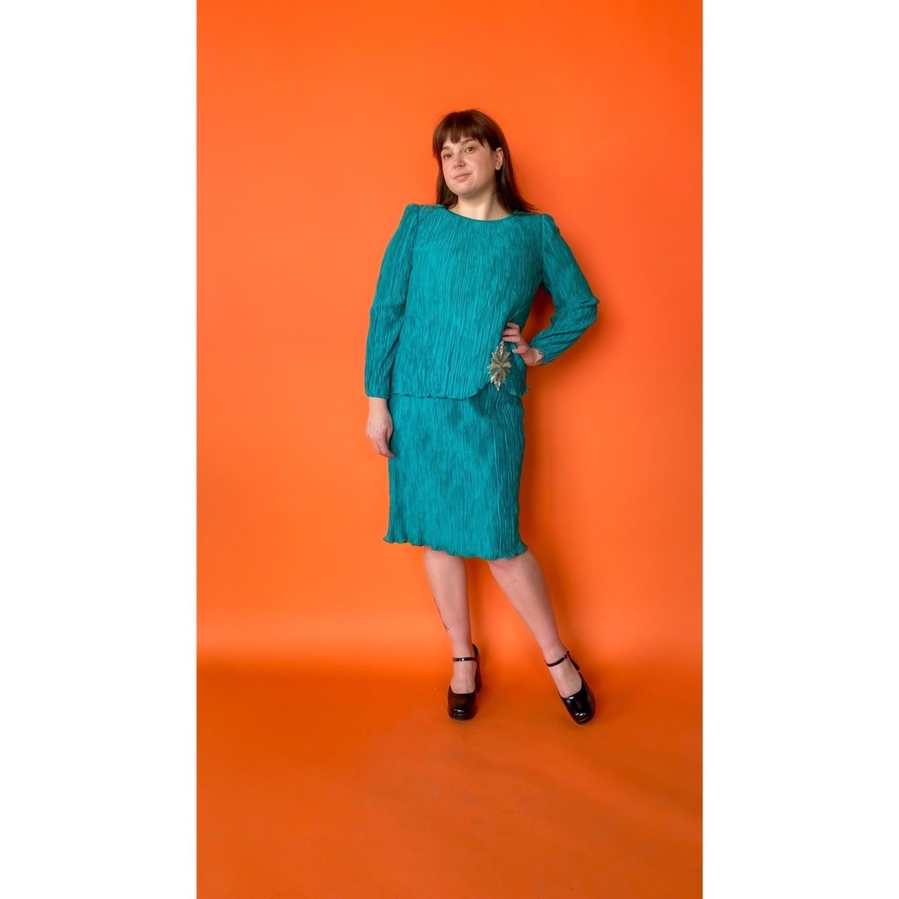 VTG 1980 Sz L Turquoise Retro Beaded Flower Midi Layered Party Dress Stretch‎